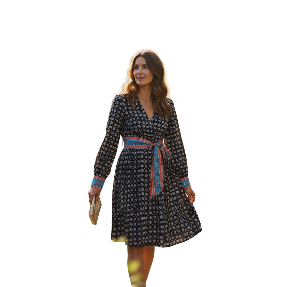 Sandro Paris Black Blue Orange Starburst Floral Print‎ Midi Dress Long Sleeve S
